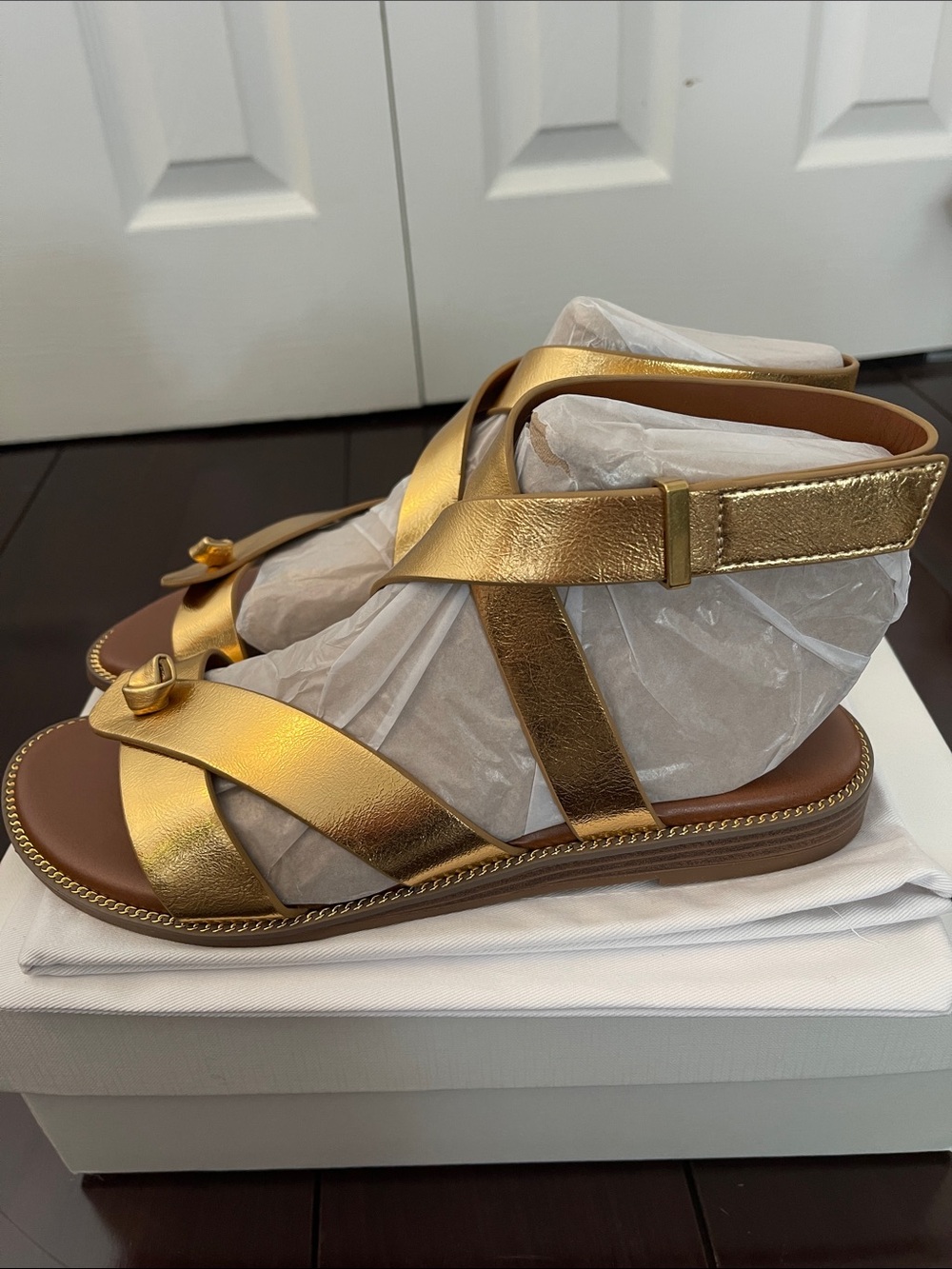 Franco Sarto Metallic Gold Cross-Strap Ankle Sandal - Picture 4 of 7